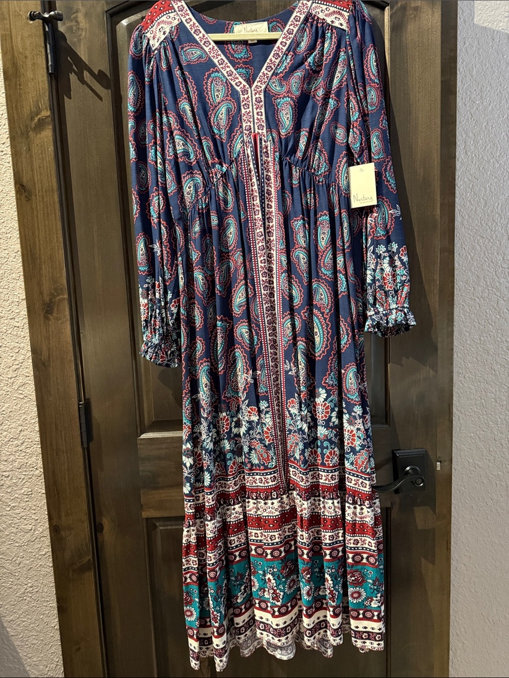 Bohemian Navy Paisley Maxi Dress with Teal and Burgundy Accents